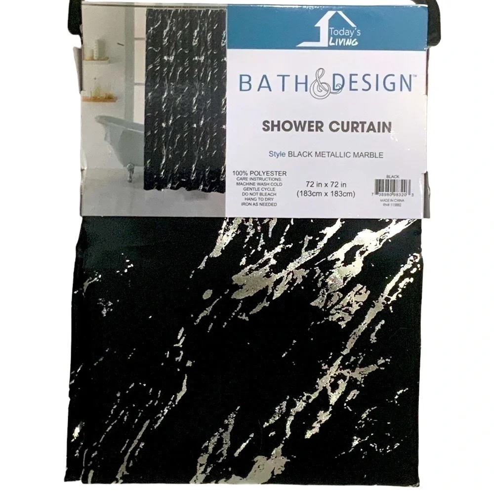 Today’s Living Black Marble Metallic Silver Fabric Shower Curtain 72 in X 72 in